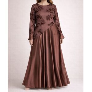 NWT Brown Satin Lace Maxi Dress Long Sleeve Modest Cottagecore Prairie XL